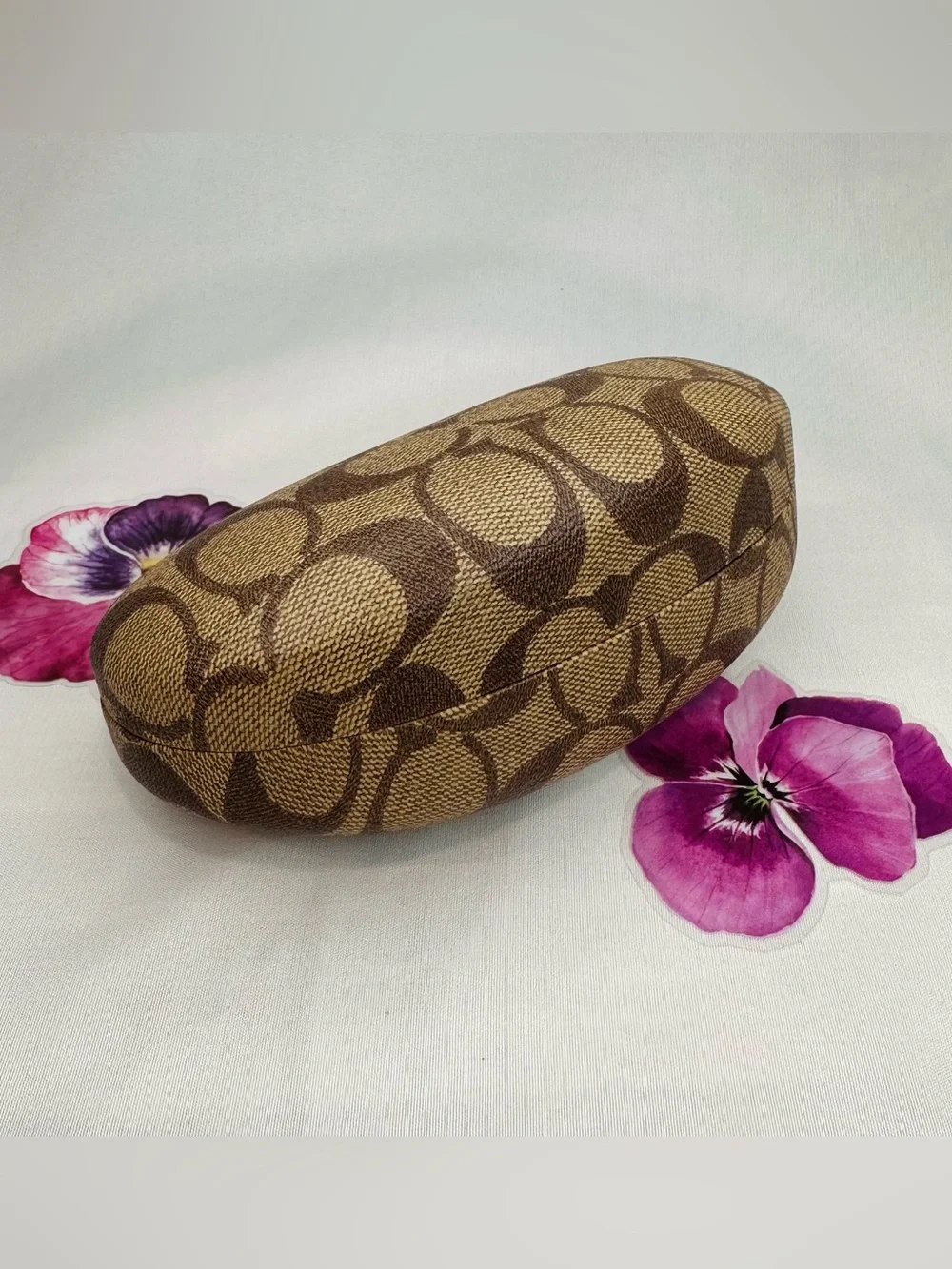 COACH Brown Signature Hard Sunglasses Case with Gold Logo